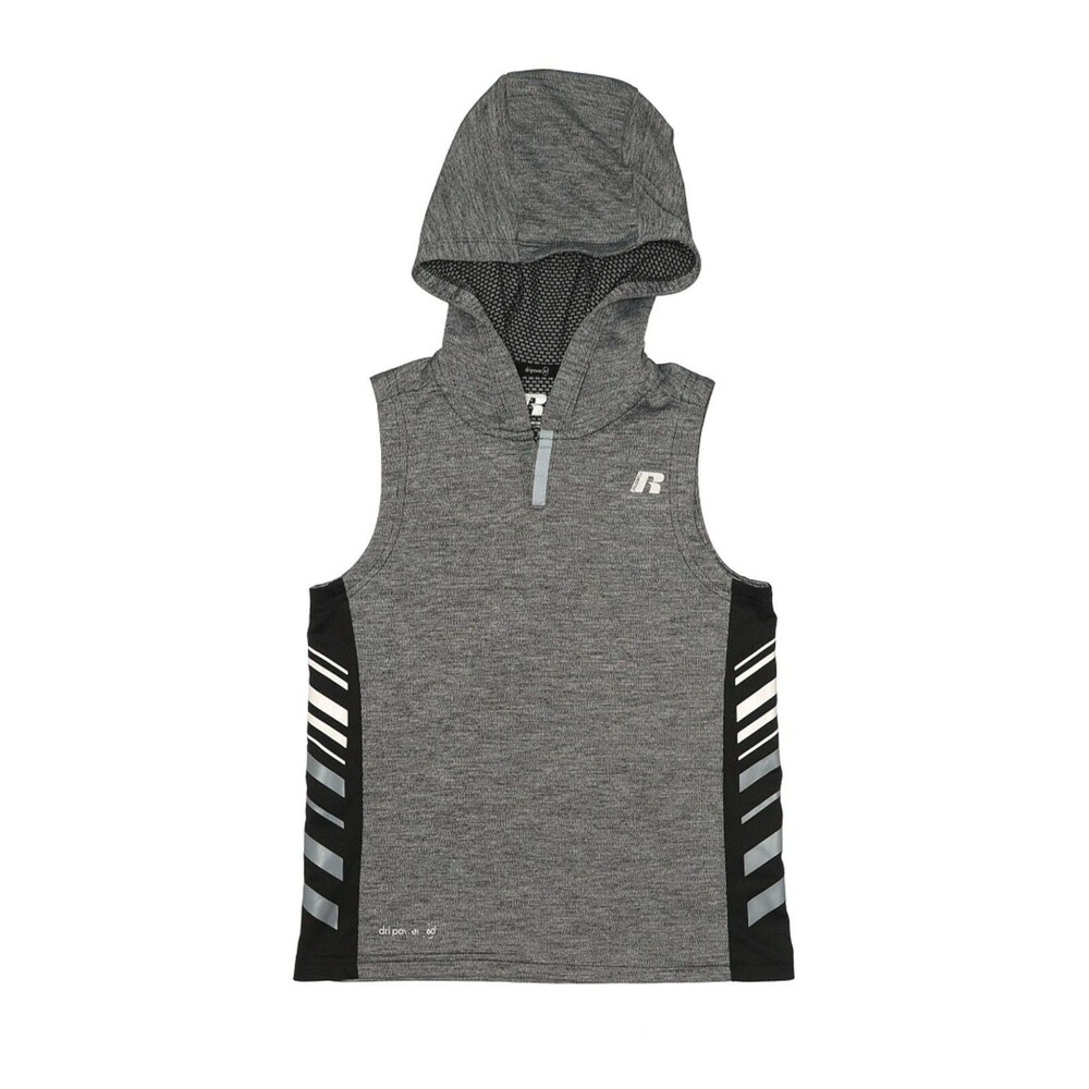 Russel Athletic Hoodie Girls 8 Gray Black Pullover Sleeveless Hooded Striped